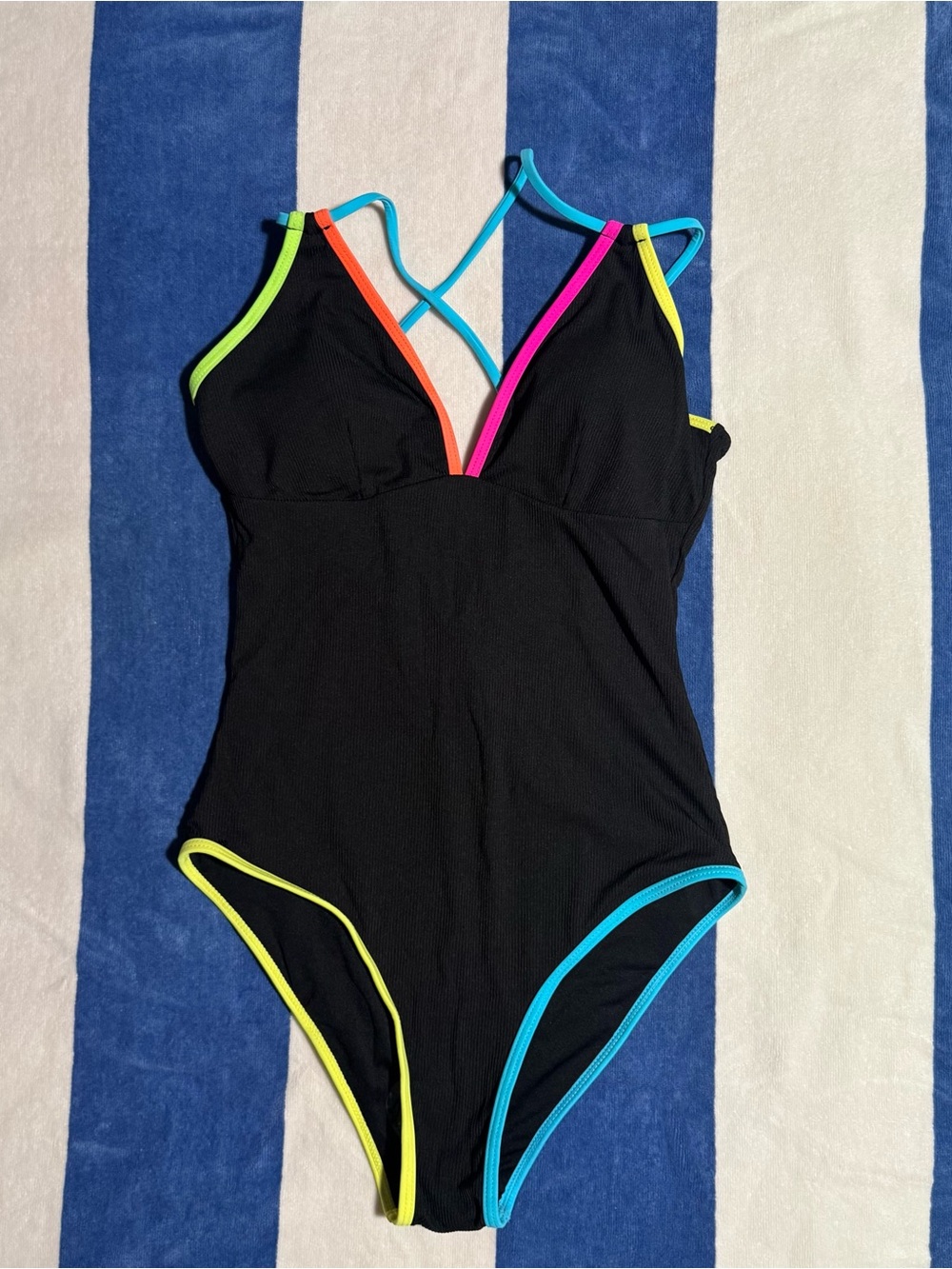 POPVIL Black One-Piece Swimsuit with Neon Trim. Unique back. Small. NWT